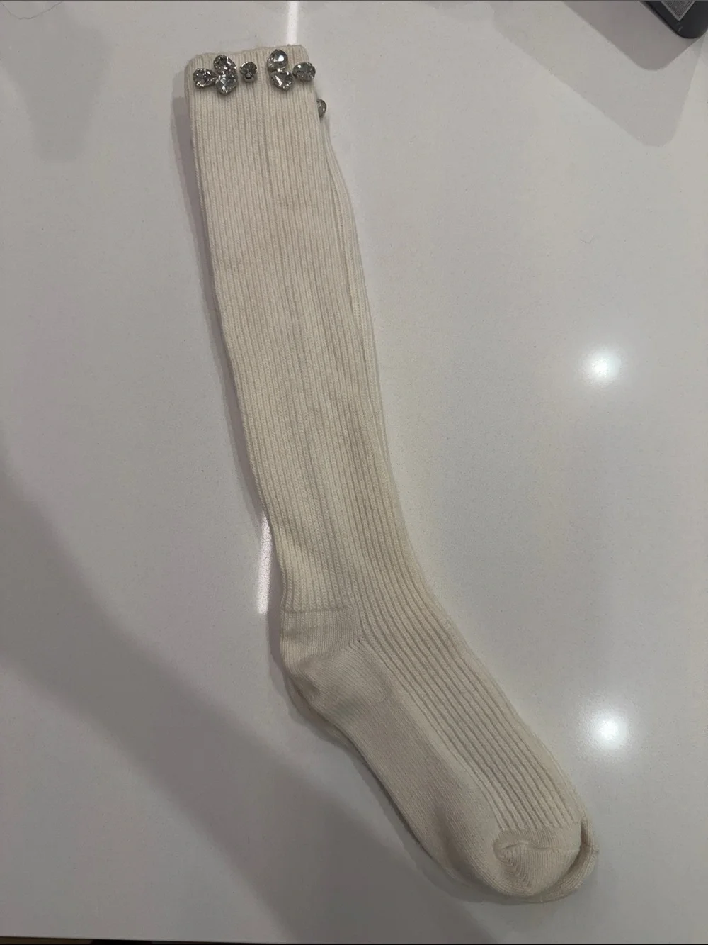 Maje New White, Ecru Long Knee High Socks With Rhinestone Embellished Size: OS